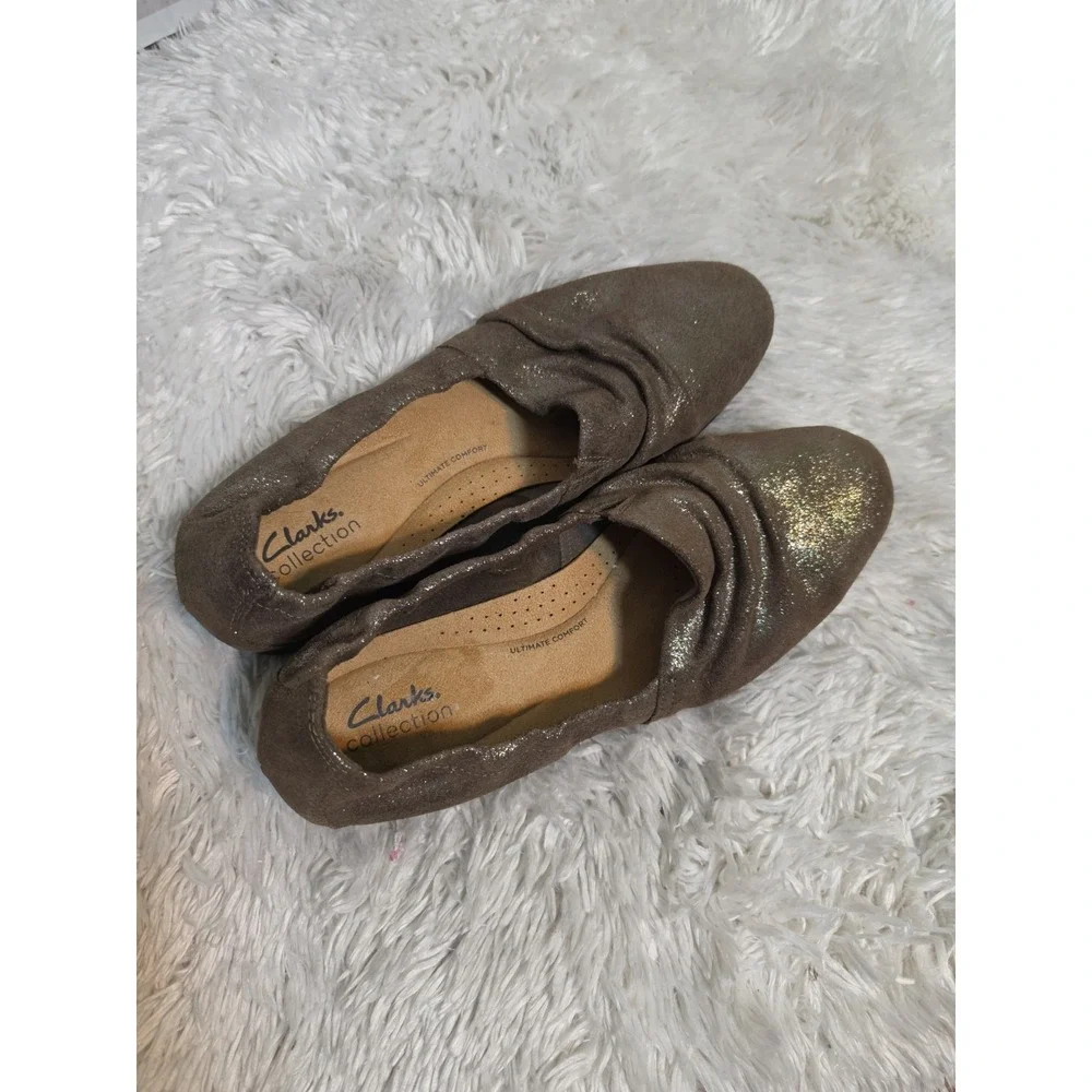 Clarks Collection Metallic Ruched Loafers Taupe Pewter Flats Womens 9.5 M 13288